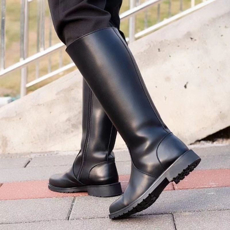 Botas de moto de piel sintética negra para hombre con cremallera lateral, botas de montar clásicas hasta la rodilla para motociclistas y ropa informal 2025 - $59.99 –P2