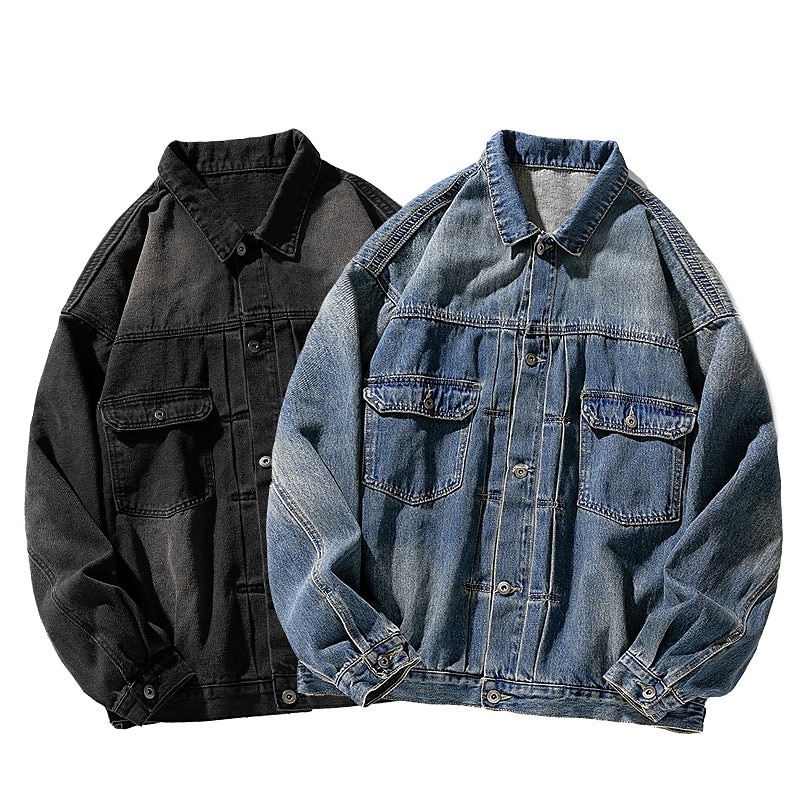 Men's Motorcycle Skulls Coat Jean Jacket Denim Jacket Breathable Comfortable Casual Sports & Outdoor Going out Weekend Buttons Print Fall & Winter Turndown Long Sleeve Black Blue 2025 - $60.99 –P1