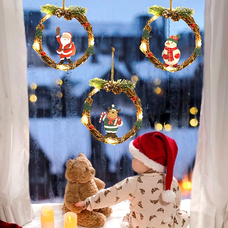 Christmas Garland Wreath Lights Santa Claus Snowman Window Hanging Lights Porch Christmas Tree Pendant Christmas New Year Party Atmosphere Decor Light 2024 - $13.99 –P2