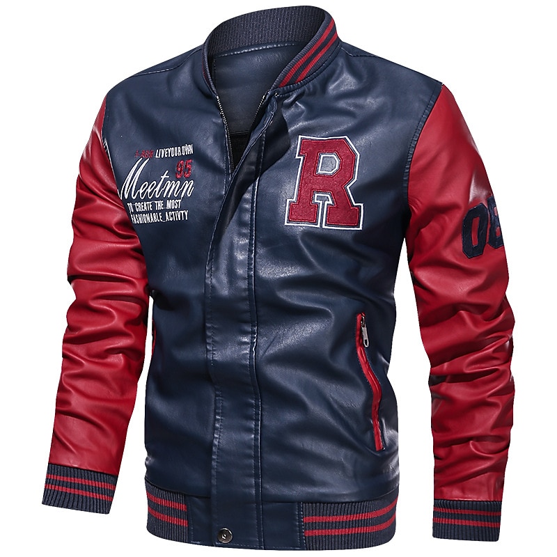 Herren Lederjacke Kunstlederjacke Motorradjacke Outdoor Freizeitskleidung Warm Herbst Winter Farbblock Modisch Strassenmode Ständer Standard Weiß Gelb Rote Dunkelblau Jacken 2025 - $66.99 –P4