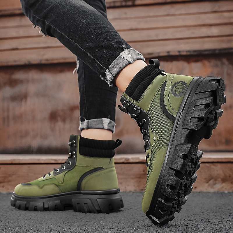 Men's Boots Work Boots Walking Vintage Casual Daily PU Height Increasing Mid-Calf Boots Lace-up Black Yellow Green Fall Winter 2023 - AED 179.99 –P11