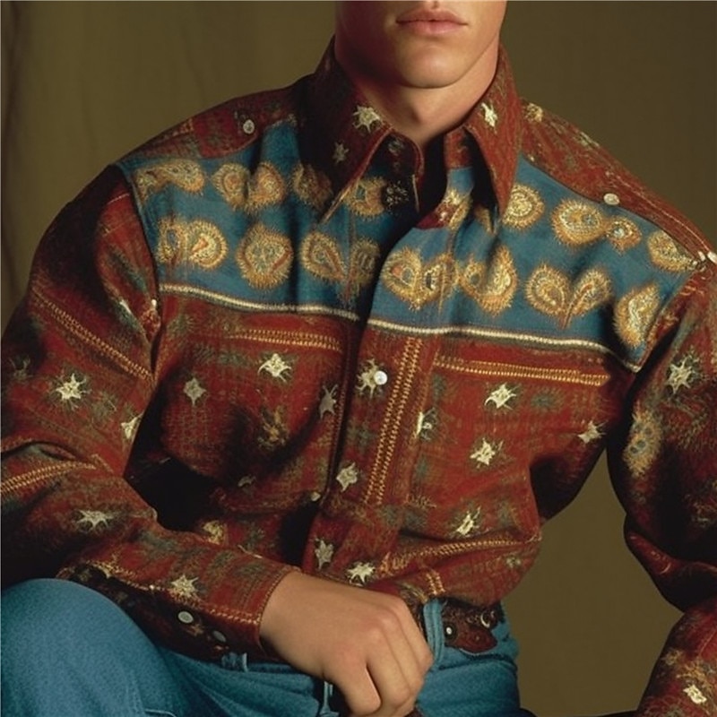 Men's Color Block Geometry Shirt Western Shirt Cowboy Shirt Long Sleeve Vintage Western Style Daily Wear Going out Weekend Fall & Winter Turndown Print Button-Down Burgundy Brown 2026 - $28.99 –P1