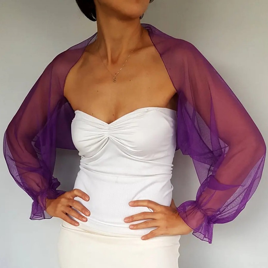 Mesh Bolero Lange Puff Rimpelingen Mouw Doorzichtige Cover Up Shrug Tulle Bolero Bruids Organza Bruiloft Gast Mode Dames Wrap Zonbescherming All-Match Lente  Zomer jurk om indruk te maken 2026 - $28.99 –P2