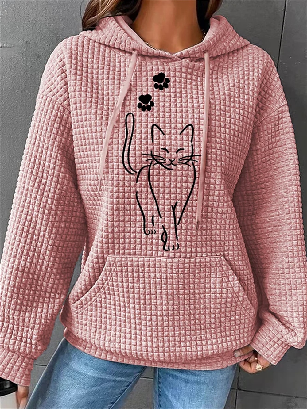 Women's Sporty ChicOversized Hoodie Sweatshirt Pullover Active Sportswear Textured Cat Casual Sports Hoodie Drawstring Print Front Pocket Long Sleeve Black White Pink Green Gray Fall & Winter 2025 - $29.99 –P3
