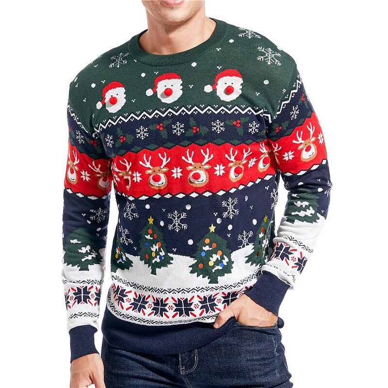 Mens Christmas Sweaters Elk Snowflake Graphic Casual Pullover
