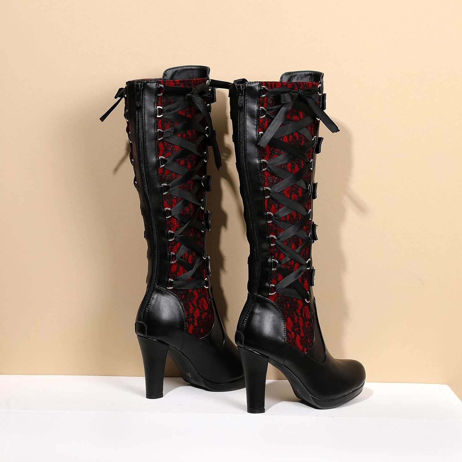 Women's Gothic Lace-Up High Heel Knee-High Boots with Multiple Buckle Straps - Steampunk Style Black Leather Boots with Red Lace Detailing, Perfect for Cosplay and Halloween 2025 - $79.99 –P5