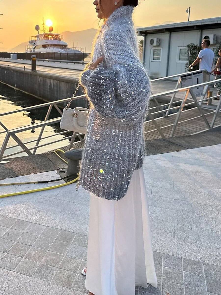 Women's Cardigan Sweater V Neck Ribbed Knit Polyester Sequins Patchwork Zipper Fall Winter Regular Outdoor Daily Going out Stylish Casual Soft Long Sleeve Color Gradient Blue Beige XS S M 2023 - US $53.99 –P9