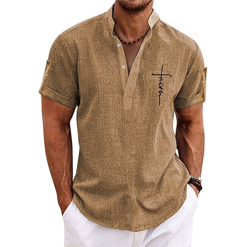 Men's Linen Shirt Beach Shirt Henley Shirt Retro Shirts Vintage Shirt Faith Vacation Street Pink Blue Green Khaki Short Sleeve Mandarin Collar Summer Spring Clothing Apparel Buttons 2025 - $27.99 –P2
