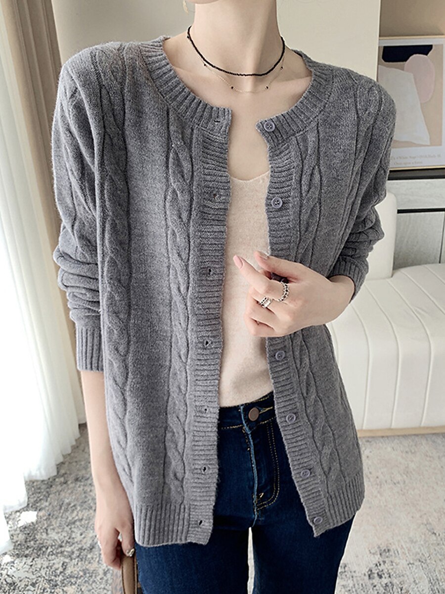 Women's Cardigan Sweater Jacket Crew Neck Cable Knit Polyester Button Knitted Fall Winter Regular Outdoor Daily Going out Fashion Streetwear Casual Long Sleeve Solid Color off white Black Camel S M L 2023 - US $28.99 –P2