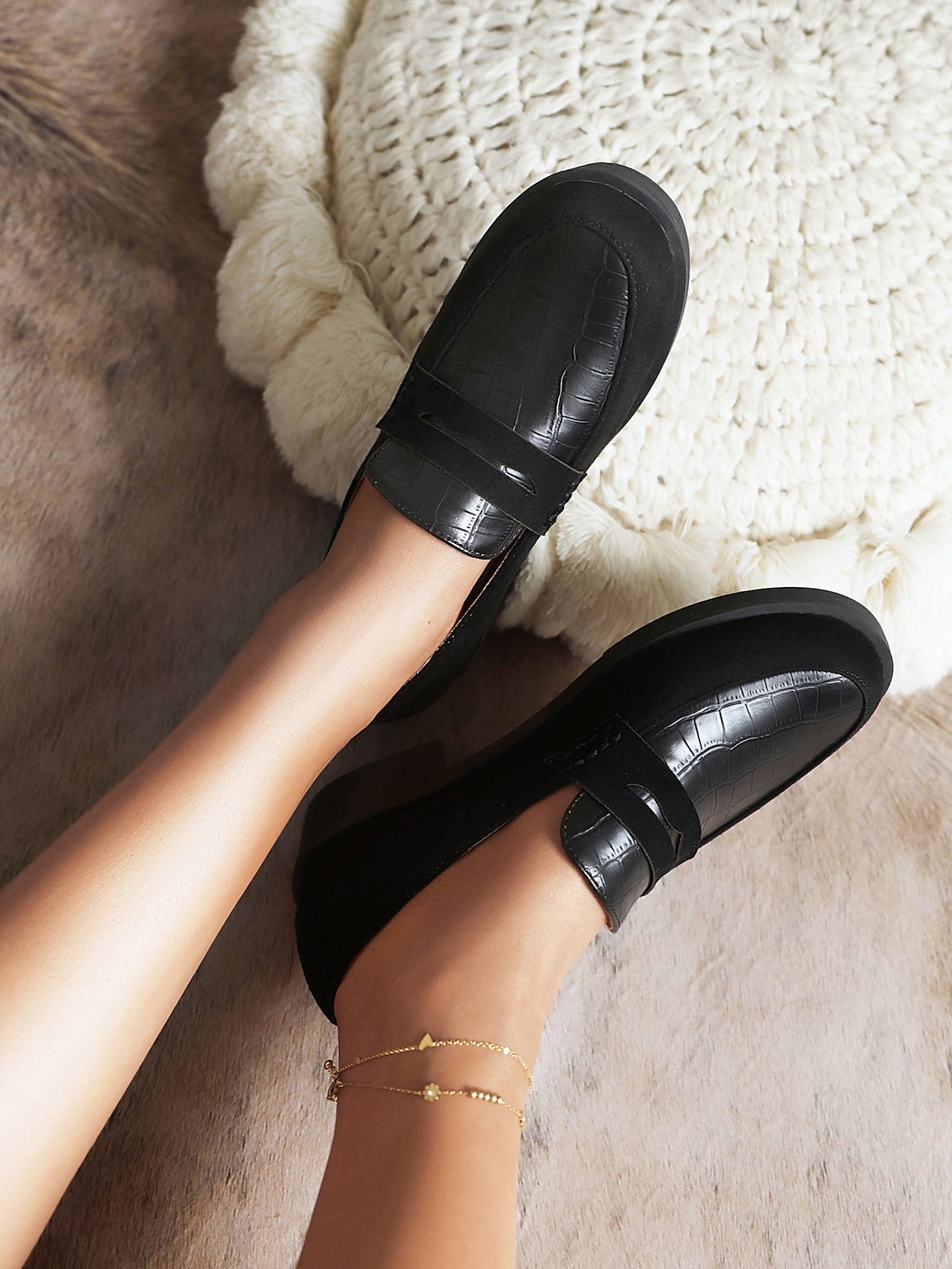 Black Casual Slip-On Loafers for Women – Comfortable Suede and Crocodile Pattern Design, Stylish Everyday Footwear 2025 - $46.99 –P1