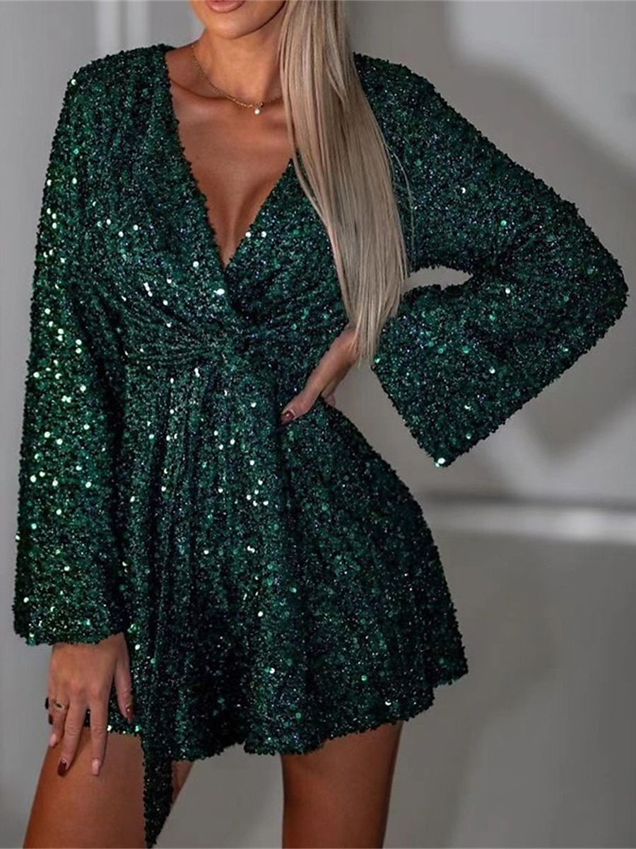 Women's Party Dress Sequin Dress Cocktail Dress Mini Dress Black Dark Green Gray Long Sleeve Pure Color Sequins Spring Fall Winter V Neck Fashion Wedding Guest Birthday Vacation 2023 S M L XL 2023 - US $32.99 –P1