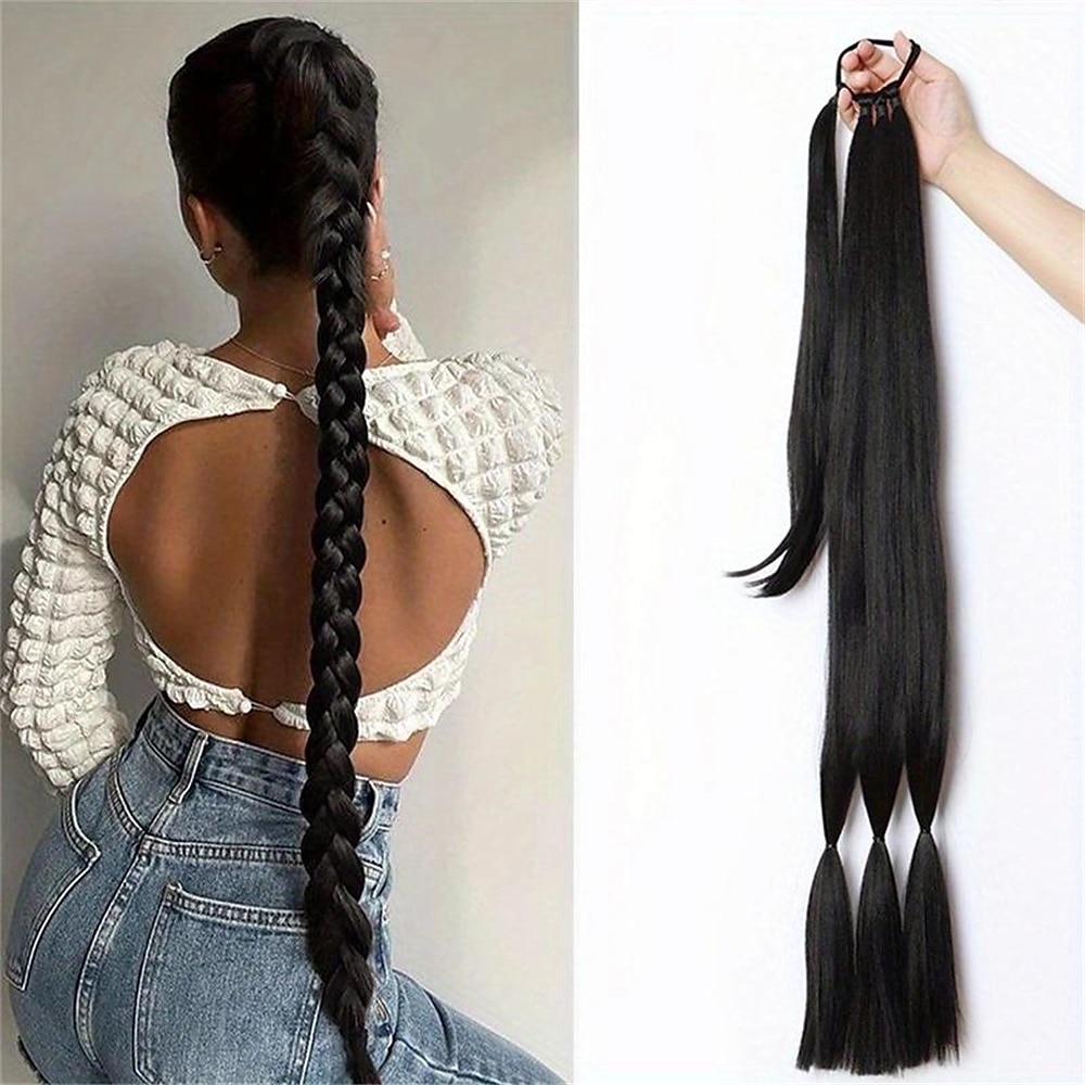 dlouhý spletený prodlužovací culík s elastickou sponkou do vlasů rovná elegantní ovinutí kolem copu prodlužování vlasů culík, diy přírodní měkký syntetický vlasový kousek pro ženy na denní nošení 2025 - $10.99 –P6