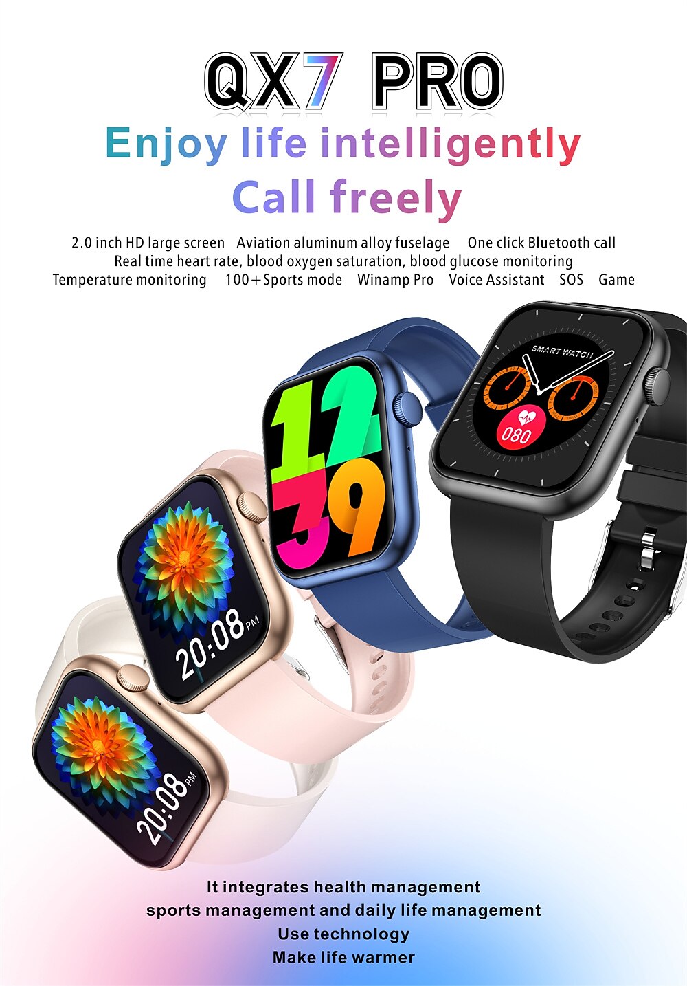 QX7PRO Ceas inteligent 2 inch Uita-te inteligent Bluetooth Pedometru Reamintire Apel Monitor de Activitate Compatibil cu Android iOS Dame Bărbați Standby Lung Telefon Hands-Free Rezistent la apă IP 67 2025 - $29.99 -P1