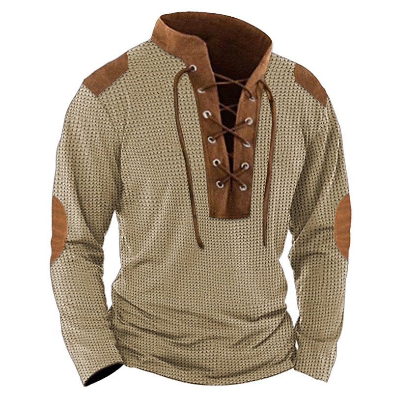 Men's Waffle Shirt T Shirt Tee Top Long Sleeve Shirt Long Sleeve Collar Spring & Fall Color Block Vintage Designer Basic Lace up Patchwork Vacation Street Going out Black Blue khaki Top Tee for Men 2025 - $24.99 –P2