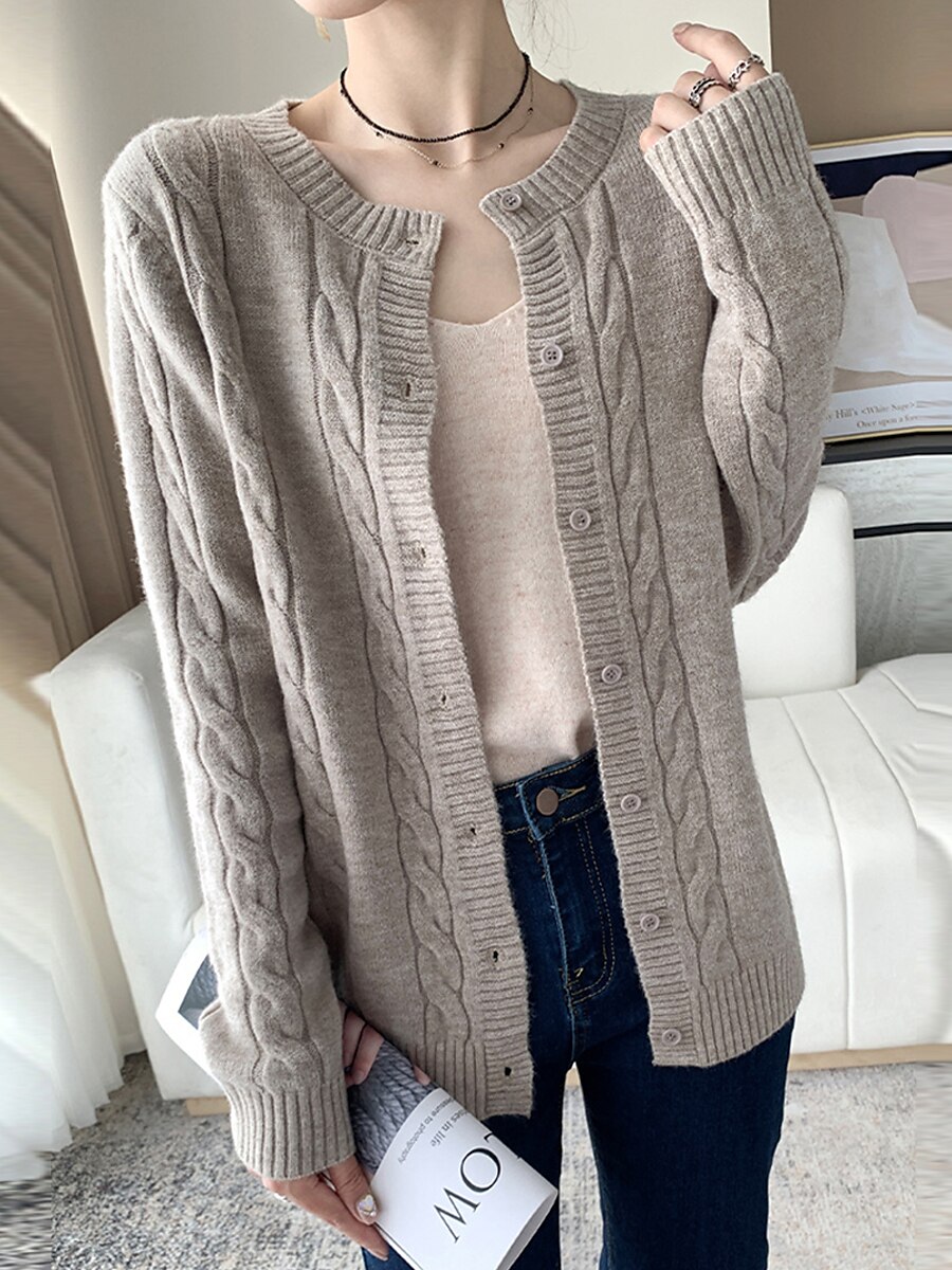 Women's Cardigan Sweater Jacket Crew Neck Cable Knit Polyester Button Knitted Fall Winter Regular Outdoor Daily Going out Fashion Streetwear Casual Long Sleeve Solid Color off white Black Camel S M L 2023 - US $28.99 –P12