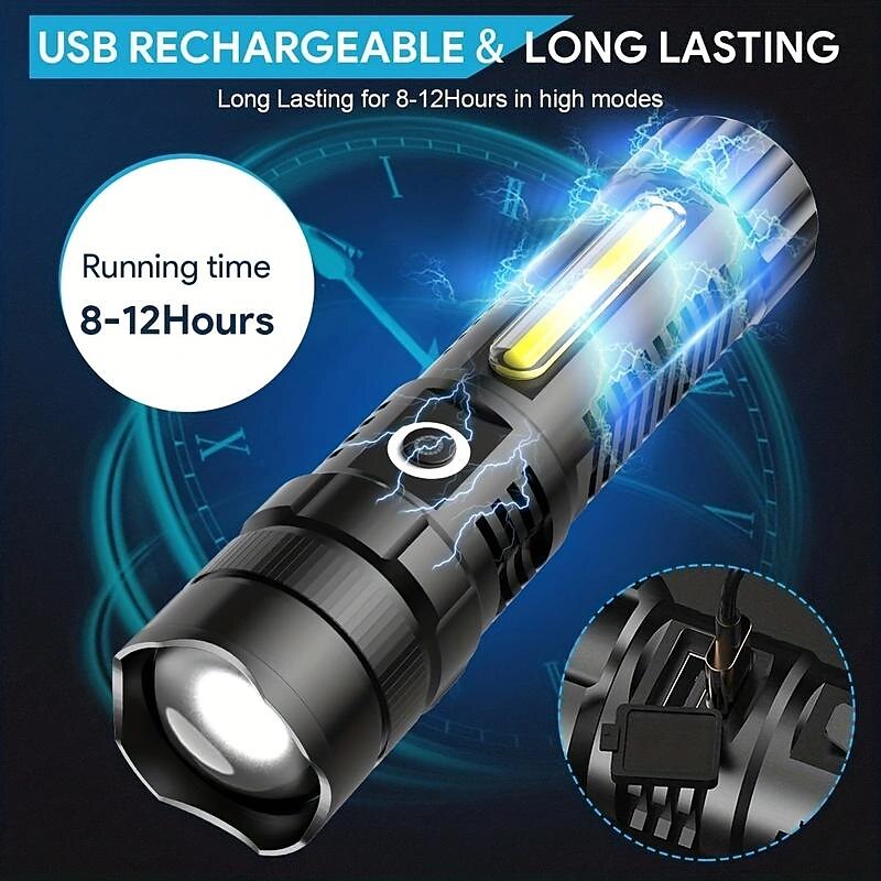 1 τεμ led tactical φακός 90000 high lumen, μαγνητικός επαναφορτιζόμενος φακός με φως εργασίας cob, xhp70.2 σούπερ φωτεινό led, με δυνατότητα zoom, αδιάβροχο, 4 modes φώτα led για κατασκήνωση, έκτακτη 2025 - $39.99 –P4