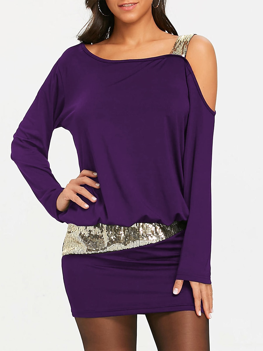 Damen schwarzes kleid Paillettenkleid abendkleider Pailletten Rüschen Schulterfrei Langarm Farbblock Minikleid Cocktailparty Urlaub Schwarz Wein Winter 2025 - $21.99 –P3