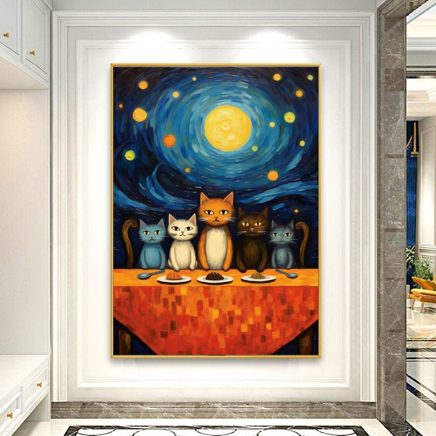 handgemalter Ölgemälde, Leinwand, Wandkunst, Dekoration, abstraktes Messergemälde, Sternenkatze im Van-Gogh-Stil, für Heimdekoration, gerolltes, rahmenloses, ungedehntes Gemälde 2025 - $178.99 –P1
