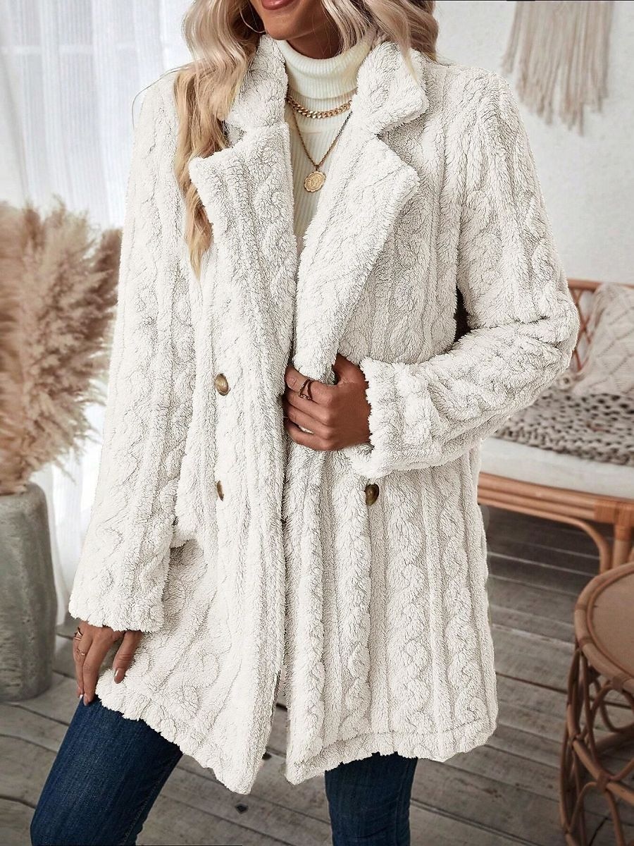 Women's Teddy Coat Fleece Sherpa Jacket Double Breasted Lapel Flannel Winter Coat Fall Windproof Thermal Warm Cream Heated Jacket Outerwear Long Sleeve Fall Black Apricot 2023 - US $31.99 –P4