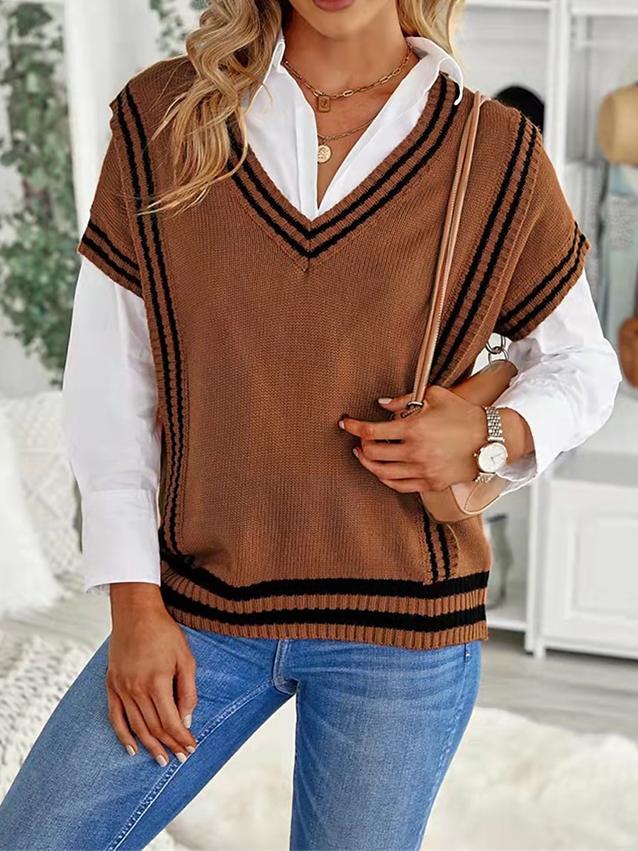 Women's Sweater Vest V Neck Ribbed Knit Acrylic Patchwork Fall Winter Regular Outdoor Daily Going out Stylish Casual Soft Short Sleeves Striped Black Khaki Gray S M L 2023 - US $28.99 –P4