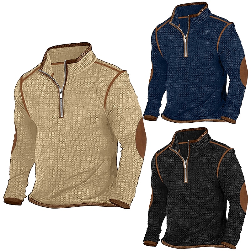 Men's Waffle Tee Waffle Shirt T Shirt Zip Half Shirt Long Sleeve Half Zip Spring &  Fall Color Block Vintage Designer Basic Patchwork Vacation Street Going out Black Navy Blue khaki Top Tee for Men 2025 - $22.99 –P1