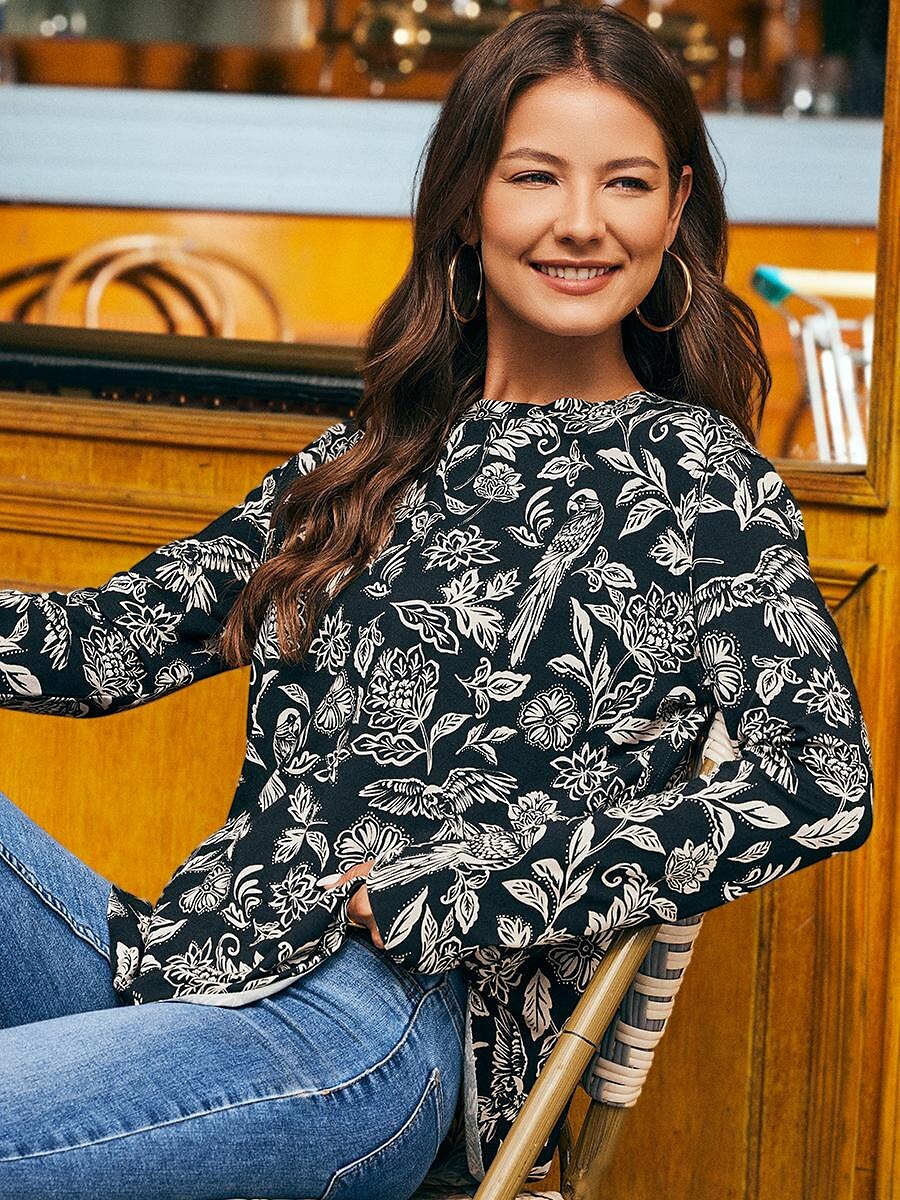 blusa camisa com estampa floral gola redonda de 2025 por $38.99 –P2