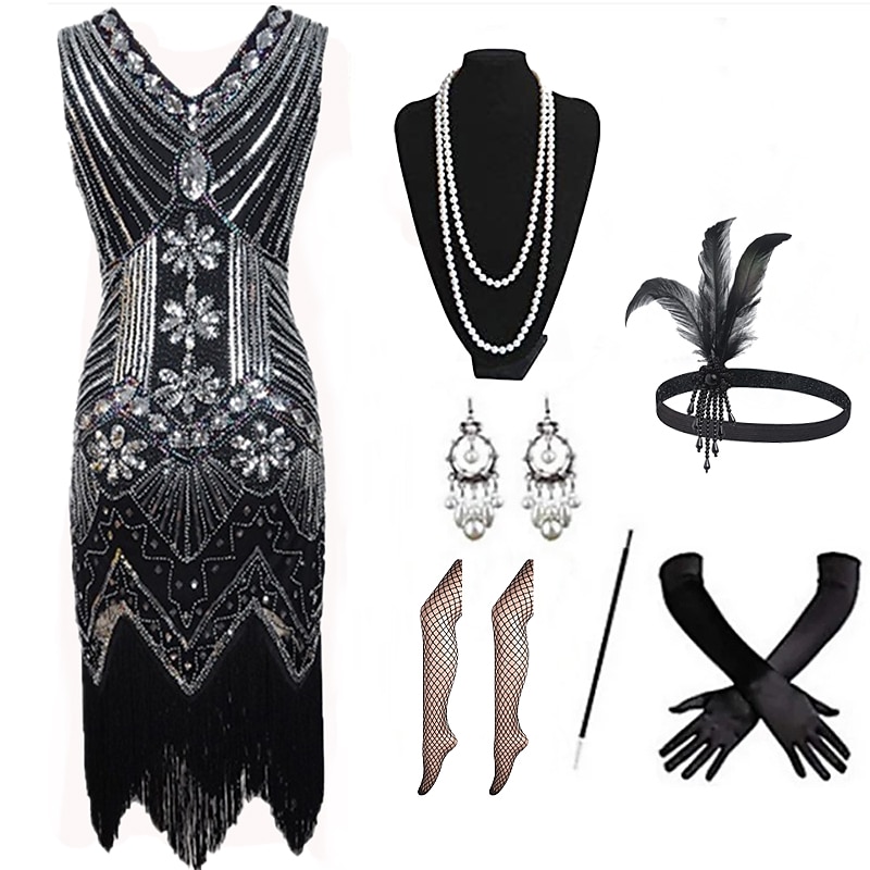 Rugido 20s 1920s Hasta la Rodilla Vestido Flapper Accesorios Diadema de estilo flapper Sin Mangas El gran Gatsby Invitado a la boda Lentejuelas Borlas Escote en Pico Disfraz Mujer Navidad Carnaval 2026 - $48.99 –P5