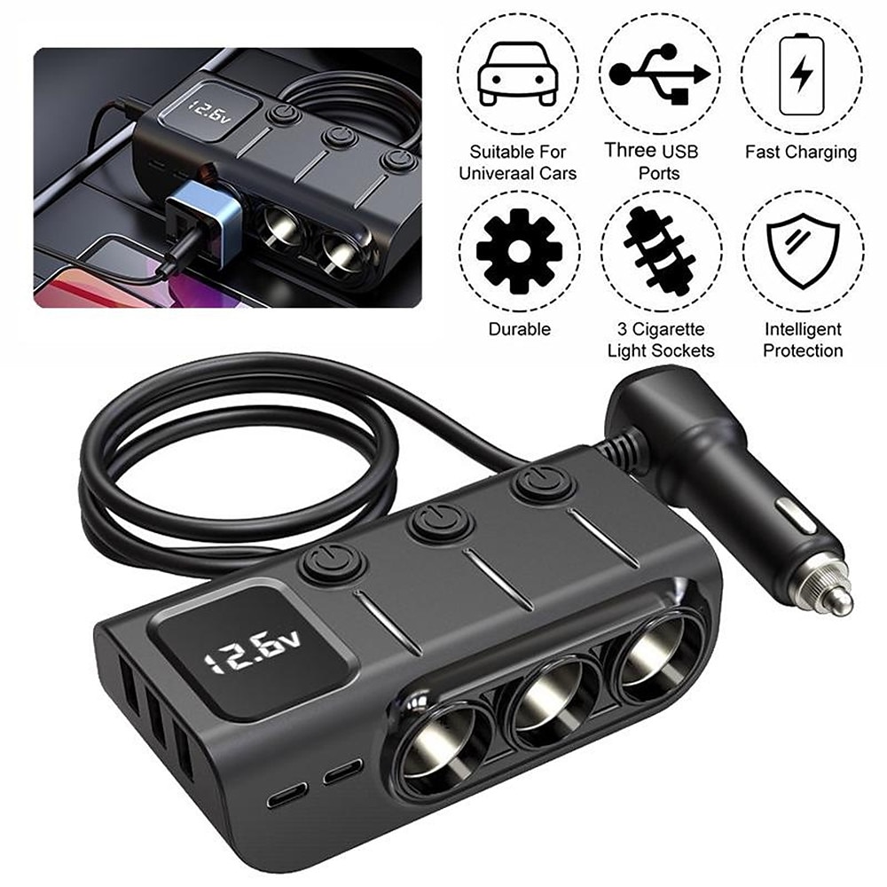 3 Way Car Cigarette Lighter Socket Splitter DC 12V/24V Power Charger Adapter with 3 USB Ports  1 Type-C Port  1 PD Fast Charge Port 2024 - CLP $28754 –P14