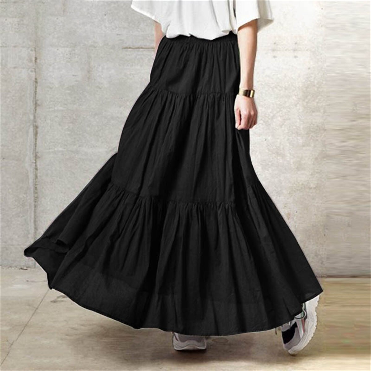 Women's Skirt Swing Long Skirt Fashion Casual Maxi Mid Waist Skirts Solid Colored Ruched Ruffle Vacation Street Black Wine Purple Brown Spring & Summer Cotton Linen 2025 - $32.99 –P4