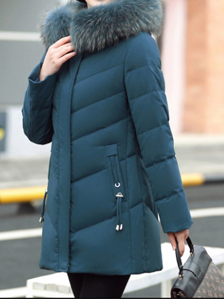 Women's Parka Long Puffer Jacket Winter Coat Thermal Warm Heated Coat with Fur Collar Hood Zipper Windproof Coat with Pockets Drawstring Outerwear Green Wine Black 2023 - US $41.99 –P6