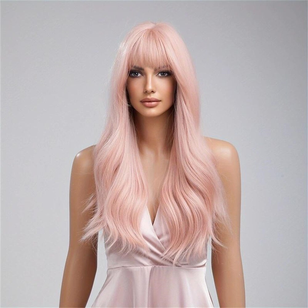 perruque synthétique bouclée perruque bang soignée long brun rose cheveux synthétiques design à la mode pour femmes naturel facile à transporter rose brun perruques de fête de Noël de 2025 ? $21.99 –P5