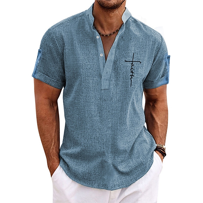 Men's Linen Shirt Beach Shirt Henley Shirt Retro Shirts Vintage Shirt Faith Vacation Street Pink Blue Green Khaki Short Sleeve Mandarin Collar Summer Spring Clothing Apparel Buttons 2025 - $27.99 –P4