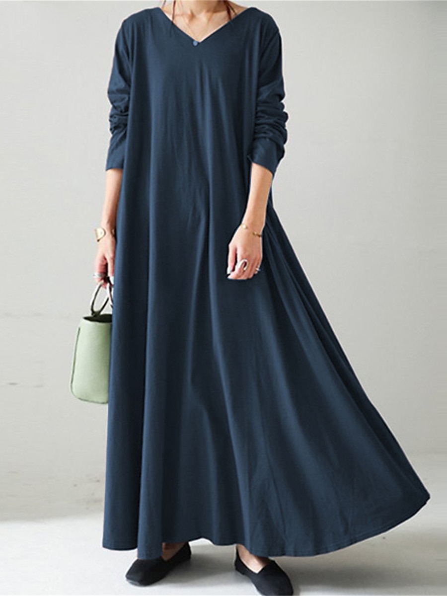 Women's Long Dress Maxi Dress Linen-Inspired Dresses Black Dress Casual Dress Winter Dress Fashion Streetwear Mature Outdoor Street Daily Loose Fit Long Sleeve V Neck Black Yellow Brown Dark Blue 2025 - $28.99 –P5