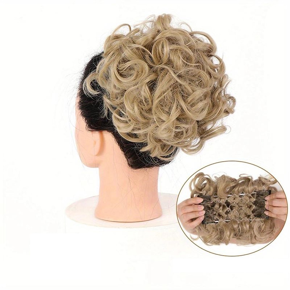 mariée gros chignon en désordre, chignon bouclé synthétique avec clips de peigne, queue de cheveux couverture chignon extension de queue de cheval faux cheveux naturels de 2025 ? $11.99 –P14