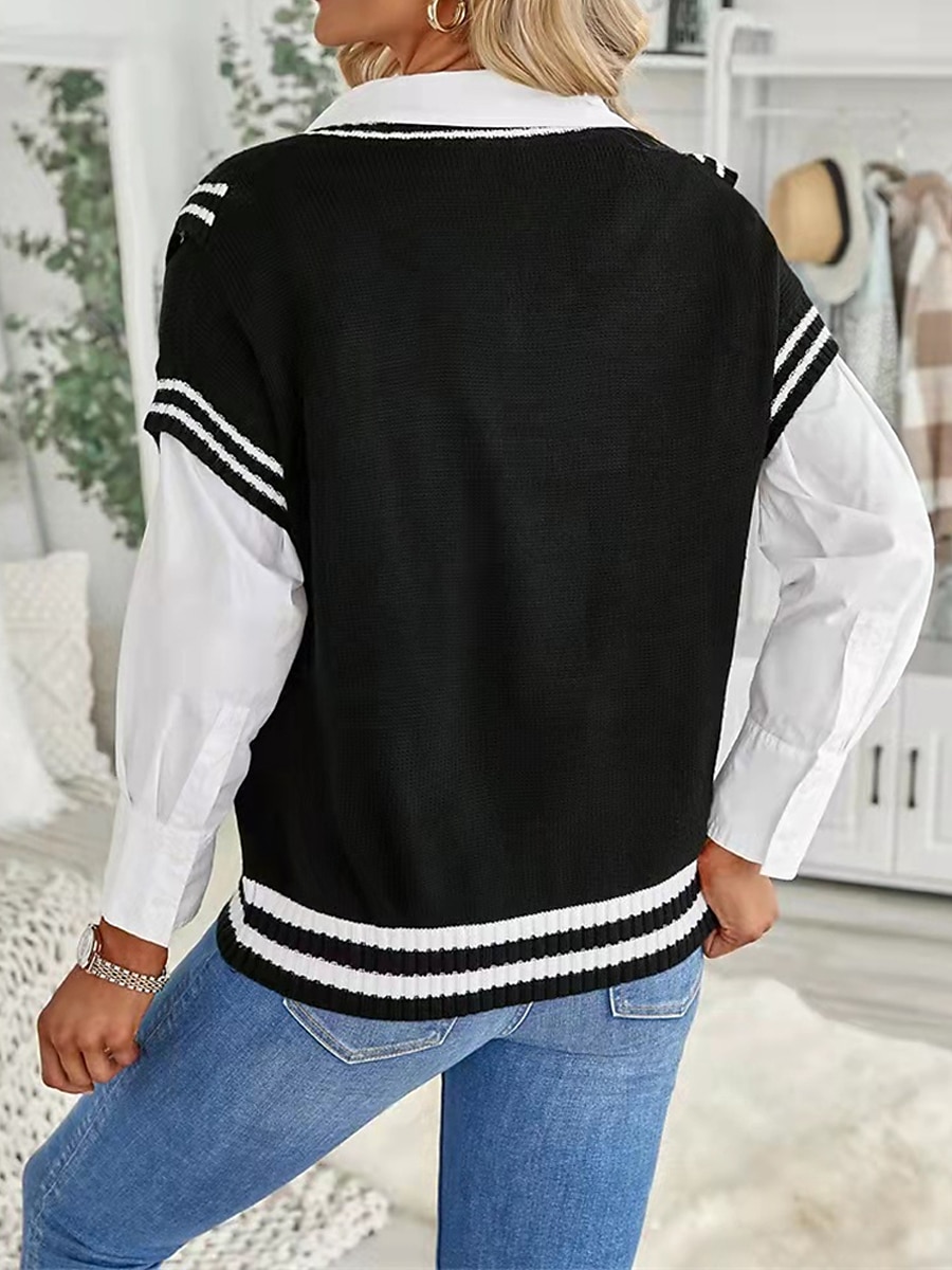 Women's Sweater Vest V Neck Ribbed Knit Acrylic Patchwork Fall Winter Regular Outdoor Daily Going out Stylish Casual Soft Short Sleeves Striped Black Khaki Gray S M L 2023 - US $28.99 –P7