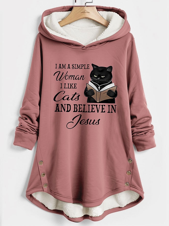 felpa con cappuccio da donna pullover sherpa pile foderato gatto lettera casual sport bottoni stampa tasca frontale caldo e soffice felpa con cappuccio manica lunga micro-elastico autunno&tessuto del 2025 a $38.99 –P1