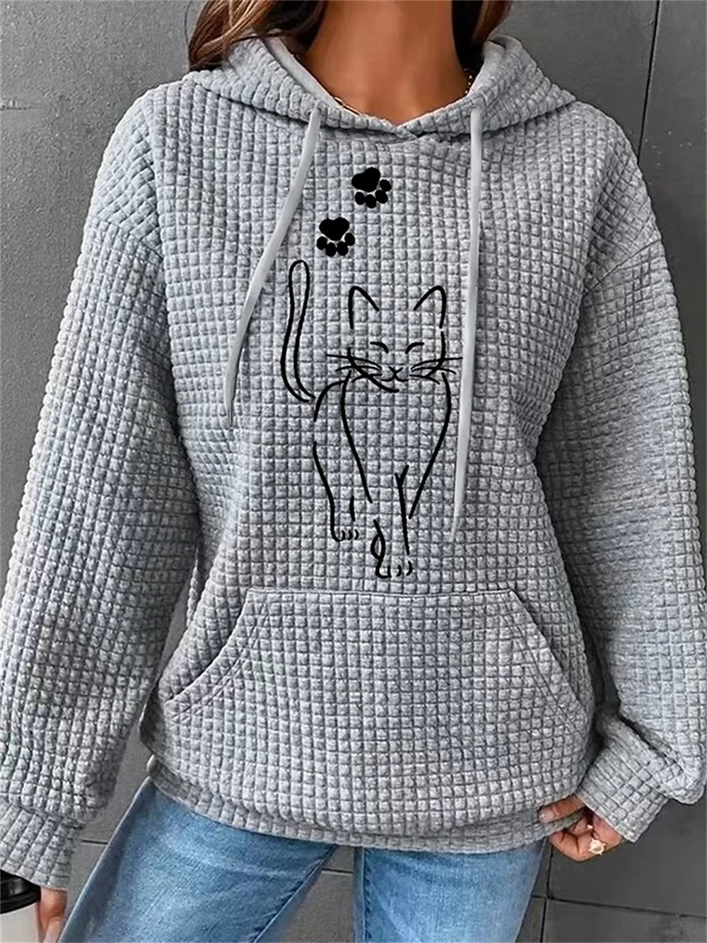 Women's Sporty ChicOversized Hoodie Sweatshirt Pullover Active Sportswear Textured Cat Casual Sports Hoodie Drawstring Print Front Pocket Long Sleeve Black White Pink Green Gray Fall & Winter 2025 - $29.99 –P2