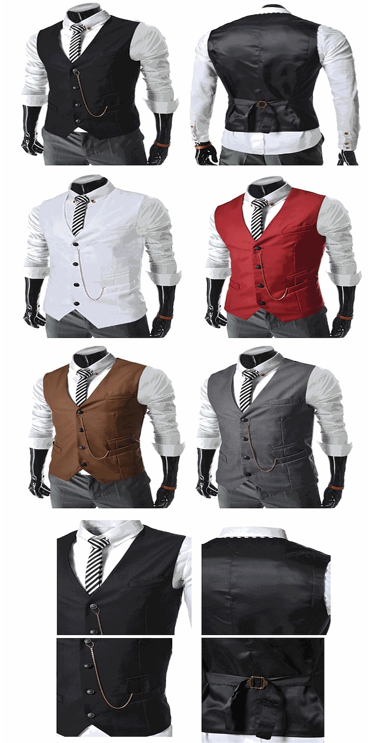 Men's Vest Suit Vest Gilet Wedding Business Causal Casual 1920s Smart Casual Polyester Solid Colored Single Breasted Shirt Collar Slim Black Red Light Grey Vest 2025 - $23.99 –P1