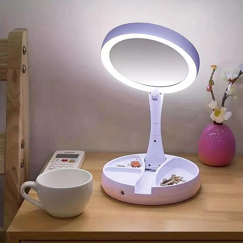 Specchio per il trucco pieghevole 1 pezzo con organizer per scatola portaoggetti con luce a LED, bifacciale 1x & Specchio retrattile ingranditore 10x per tavolo, toeletta, cosmetici del 2025 a $18.99 –P3