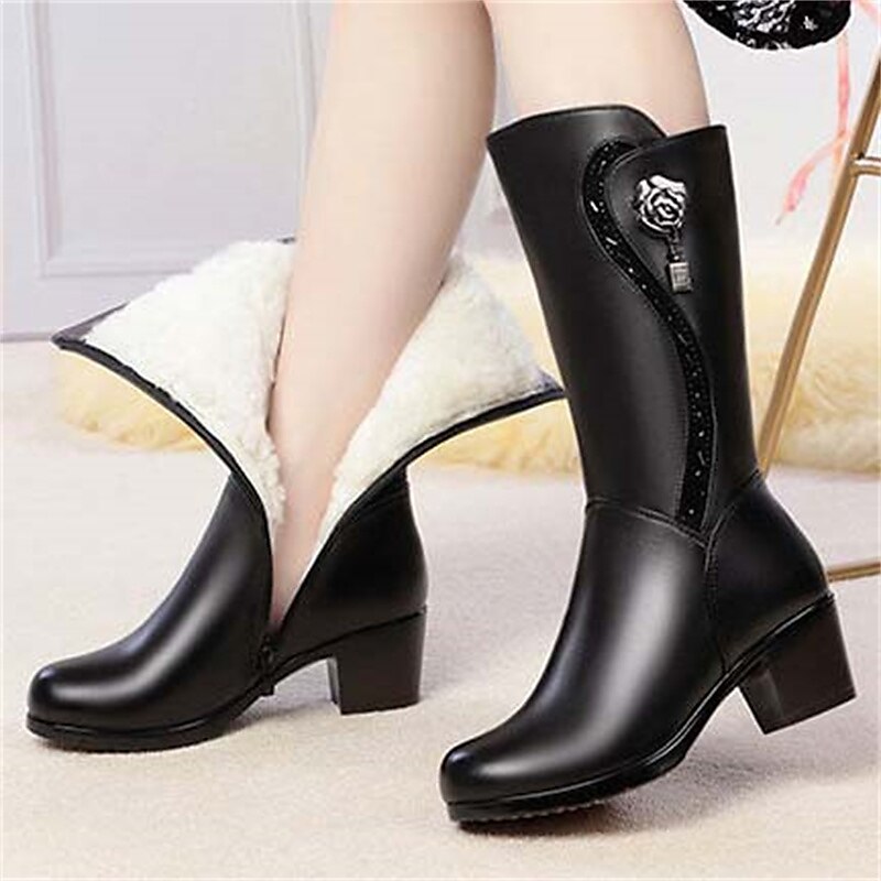botas de inverno femininas pretas de cano médio com forro de pele sintética, enfeite de rosas e salto grosso – botas de neve quentes e elegantes de 2025 por $46.99 –P2