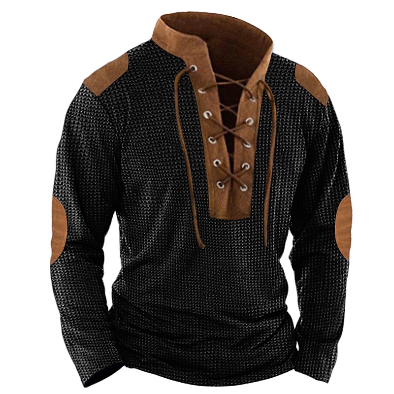 Men's Waffle Shirt T Shirt Tee Top Long Sleeve Shirt Long Sleeve Collar Spring & Fall Color Block Vintage Designer Basic Lace up Patchwork Vacation Street Going out Black Blue khaki Top Tee for Men 2025 - $24.99 –P4