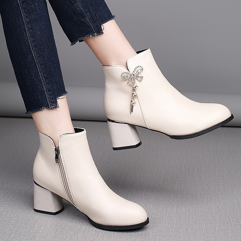 Women's Heels Boots Plus Size Heel Boots Outdoor Daily Booties Ankle Boots Winter Rhinestone Bowknot Chunky Heel Round Toe Elegant Vintage Sexy PU Zipper Black Beige 2023 - AED 151 –P1