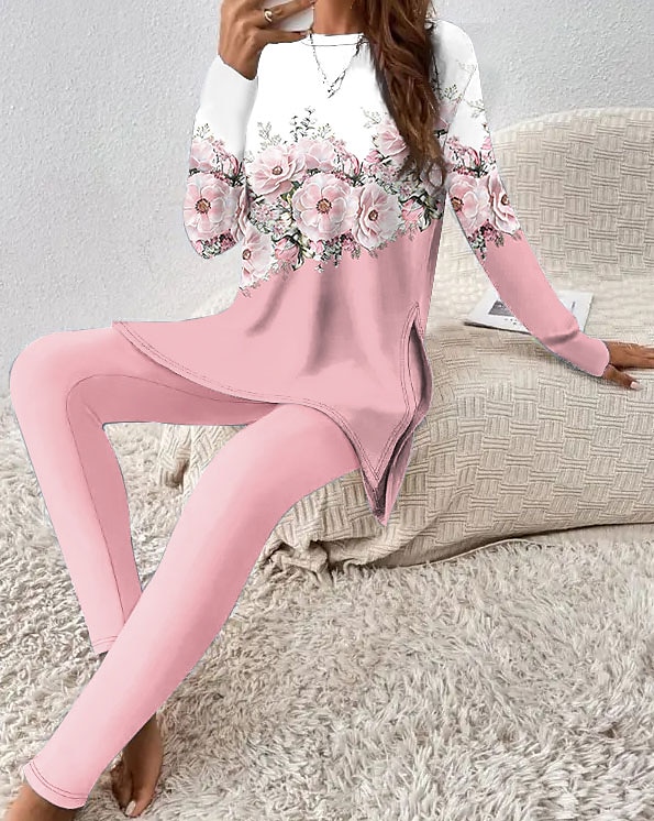 Women's Fashion T Shirt Pants Sets Pants Trousers Long Sleeve Round Neck Floral Print Casual Daily Pink Blue Spring & Fall Regular Fit 2025 - $36.99 –P1
