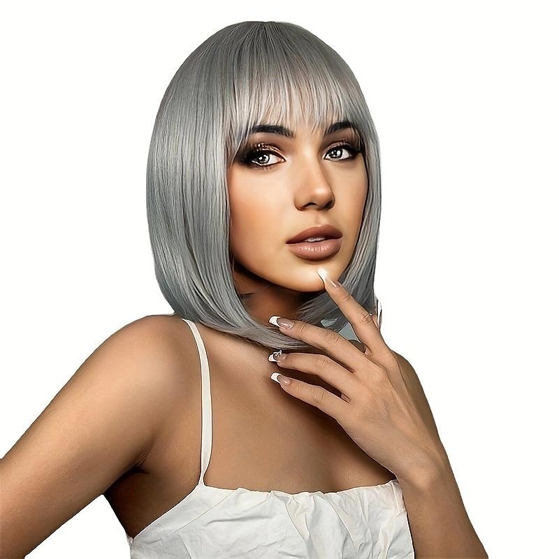 parrucche bob diritte grigio argento corte per le donne parrucca di capelli a strati pixie grigio argento parrucca sintetica ondulata naturale shaggy per la festa quotidiana del 2025 a $19.99 –P2