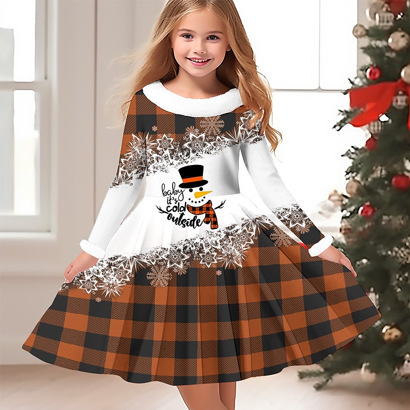 Mädchen' 3D Plaid Schneemann Schneeflocke Kleid Schneeflockenkleid Langarm 3D-Druck Herbst Winter Urlaub Sport & Natur Täglich Kuschelig Brautkleider schlicht Schön kinderkleidung 3-12 Jahre Casual 2025 - $19.49 –P5