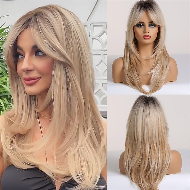 evidenzia parrucca bionda marrone con frangia parrucche diritte naturali di media lunghezza per donne parrucche sintetiche in fibra resistente al calore per cosplay quotidiano del 2025 a $26.99 –P4