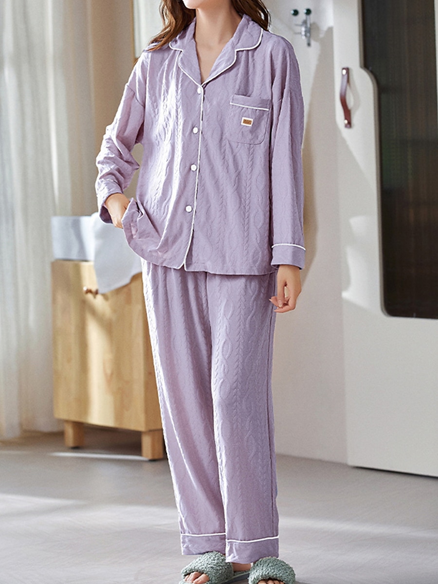 kvinnors pyjamasset brev avslappnad komfort hem daglig säng bomull andas lapel långärmad skjorta byxknappficka höst vinter hemkläder 2025 - $33.99 –P5