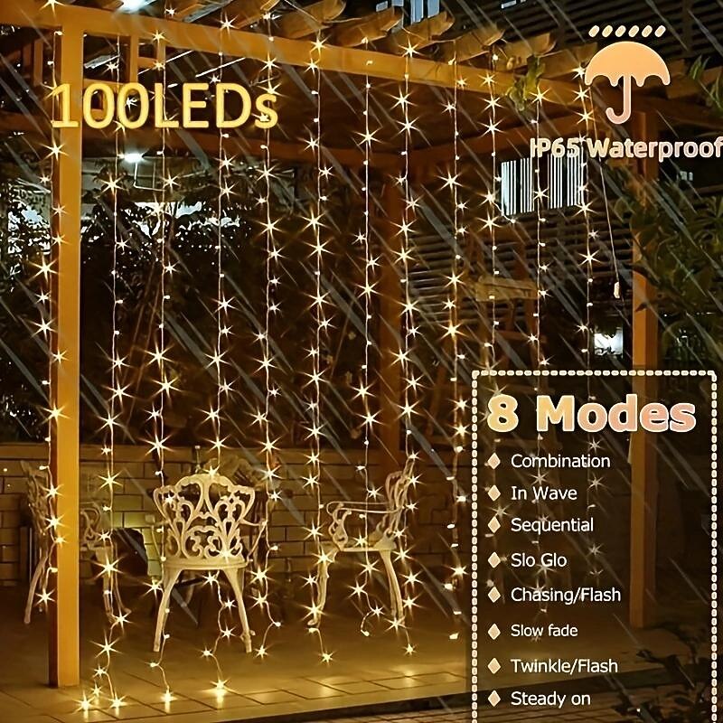 Outdoor Solar Curtain String Light, 3 * 3M-300LED/3 * 2M-200LED/3 * 1M-100LED, 8 Lighting Modes, IP65 Waterproof, Suitable for Home Garden, Porch, Backyard Wedding Parties, Thanksgiving 2026 - $12.99 –P11