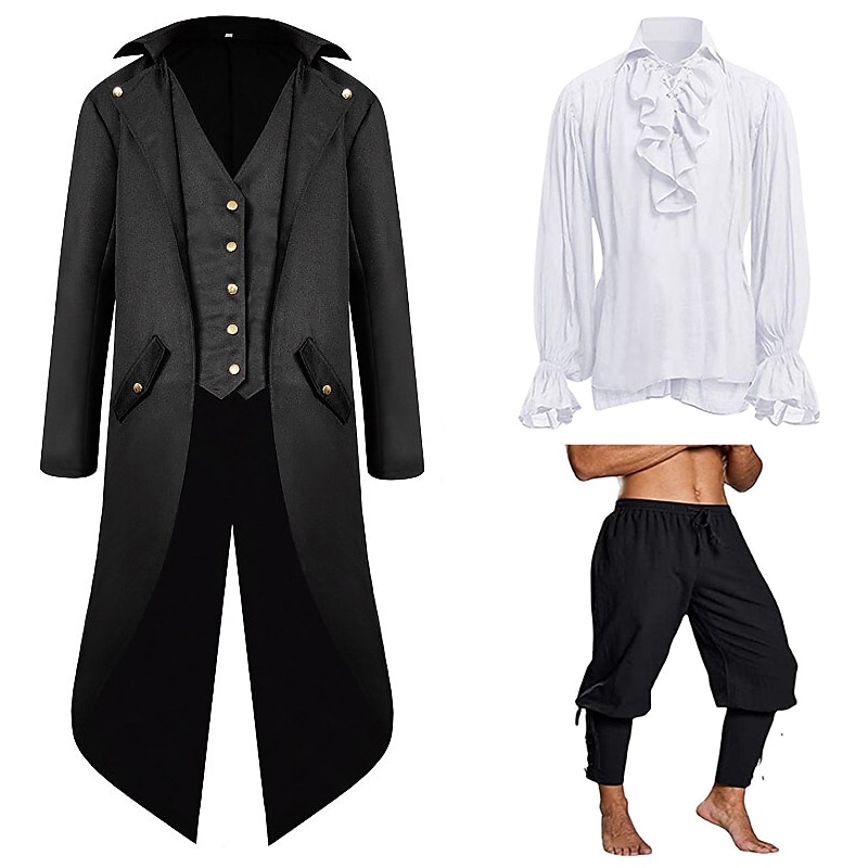 sets met smokingrok ruches overhemd piraatbroek 3 stuks middeleeuwse renaissance 18e 17e eeuw viking piratenoutfits heren prestatiestadium carnaval cosplay kostuum 2025 - $71.99 –P3