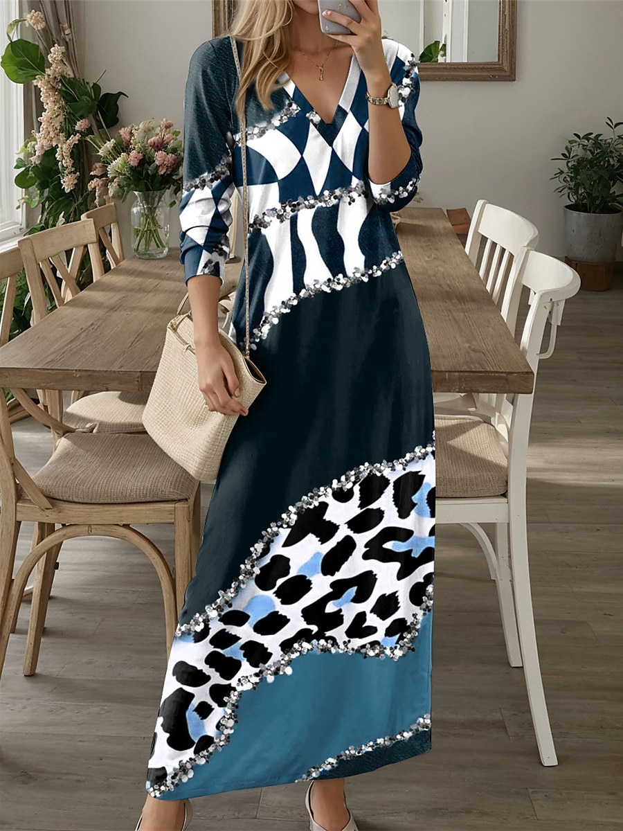 Dámské maxi šaty casual šaty zimní šaty tričkové šaty tee šaty leopardí barevný blok kapsový tištěné V výstřih dlouhé šaty maxi šaty městské schůzky prázdninové dlouhý rukáv podzim zima 2025 - $36.99 –P4